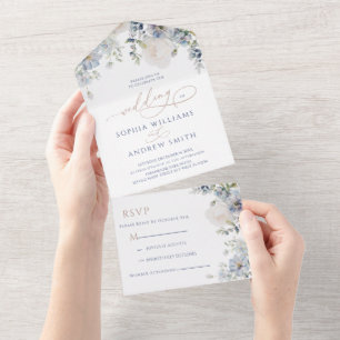 Invitation Tout En Un Blue Hydrangea & Mariage Rose