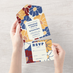 Invitation Tout En Un Blue Jaune Retro Super Boho Chic Floral Mariage
