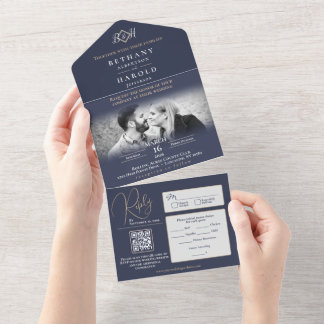 Invitation Tout En Un Blue Monogram All in One Wedding Invite