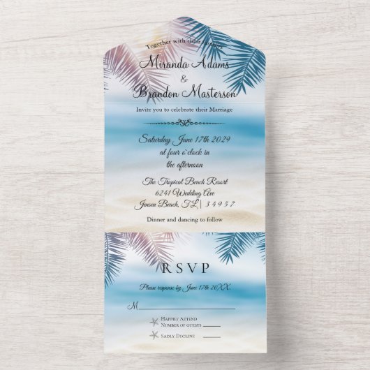 Invitation Tout En Un Blue Ocean Tropical Summer Palm Beach Mariage (À l'intérieur)