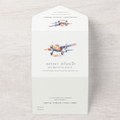 Invitation Tout En Un Blue Orange Blush Aquarelle Air Plane Mariage (Dehors)