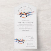 Invitation Tout En Un Blue Orange Blush Aquarelle Air Plane Mariage (À l'intérieur)