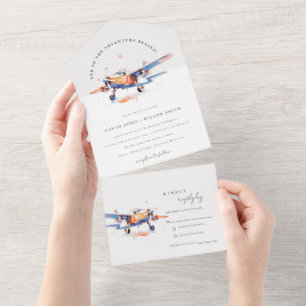 Invitation Tout En Un Blue Orange Blush Aquarelle Air Plane Mariage