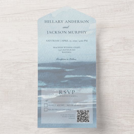 Invitation Tout En Un Blue Seascape Beach Code QR (À l'intérieur)