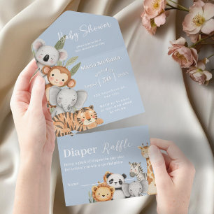 Invitation Tout En Un Blue Tropical Jungle Safari Baby shower Animaux
