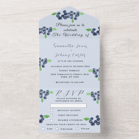 Invitation Tout En Un Blueberries Berries Fruit Elégant Mariage bleu (À l'intérieur)