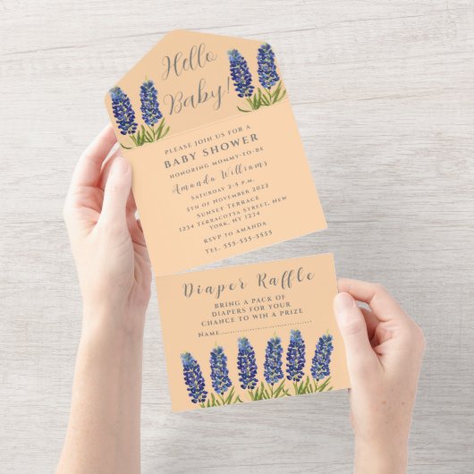 Invitation Tout En Un Bluebonnets Texas Baby shower genre neutre (Déchirure)