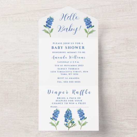 Invitation Tout En Un Bluebonnets Texas Baby shower genre neutre (À l'intérieur)