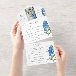 Invitation Tout En Un Bluebonnets Texas Blue Floral Photo Mariage