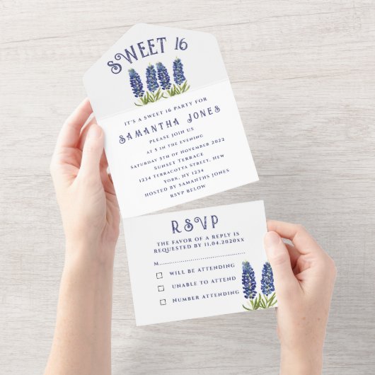 Invitation Tout En Un Bluebonnets Texas Fleur sauvage Sweet 16 Seteen (Déchirure)