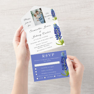 Invitation Tout En Un Bluebonnets Texas Navy Blue Floral Photo Mariage