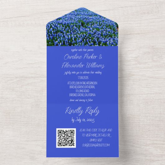 Invitation Tout En Un Bluebonnets Texas Texan Elegant QR Code Mariage (À l'intérieur)