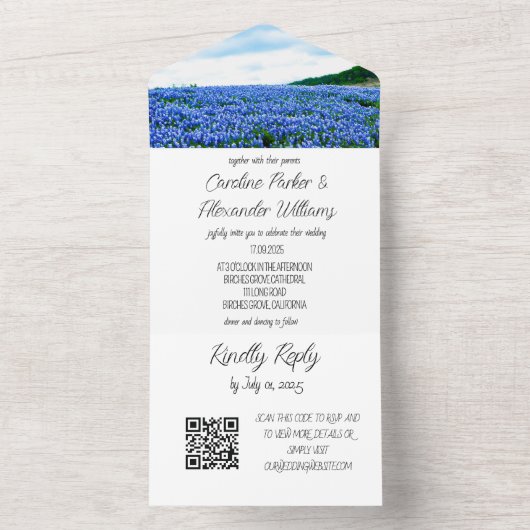 Invitation Tout En Un Bluebonnets Texas Texan Elegant QR Code Mariage Al (À l'intérieur)