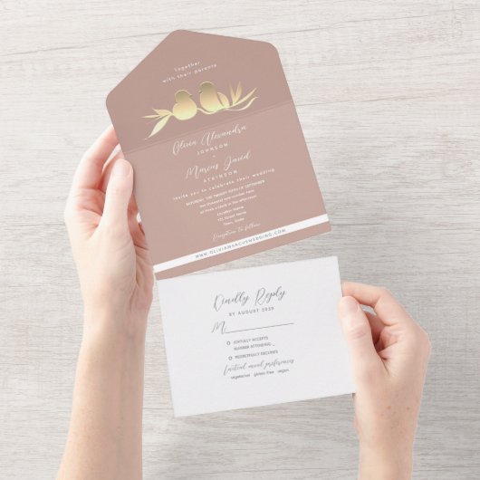 Invitation Tout En Un Blush Gold Lovebirds (Déchirure)