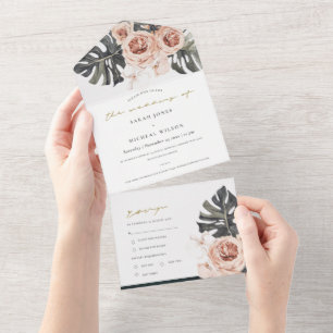 INVITATION TOUT EN UN BLUSH GRAS FLORAL WREATH MONSTRERA FEAF MARIAGE AL