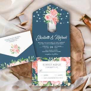 Invitation Tout En Un Blush Pink Floral Mason Jar Dusty Blue Wedding