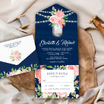 Invitation Tout En Un Blush Pink Floral Mason Jar Navy Blue Wood Wedding<br><div class="desc">Amaze your guests with this elegant wedding invite featuring beautiful flowers and modern typography. Simply add your event details on this easy-to-use template to make it a one-of-a-kind invitation.</div>