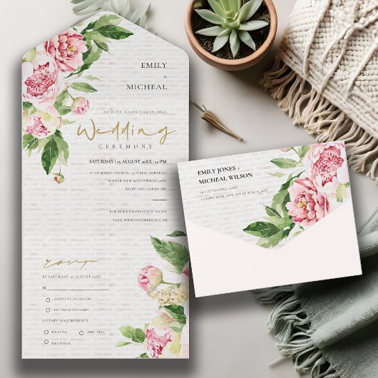 INVITATION TOUT EN UN BLUSH PINK GREEN PEONY FLORAL BRICK WASH WEDDING