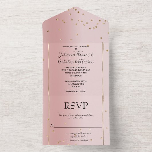 Invitation Tout En Un Blush Pink Ombre Gold Glam Confetti Mariage (À l'intérieur)