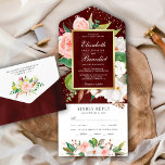 Invitation Tout En Un Blush Pink White Magnolia Floral Burgundy Wedding<br><div class="desc">Amaze your guests with this elegant wedding invite featuring beautiful flowers and modern typography with detachable RSVP postcard. Simply add your event details on this easy-to-use template to make it a one-of-a-kind invitation.</div>