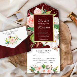 Invitation Tout En Un Blush Pink White Magnolia Floral Burgundy Wedding