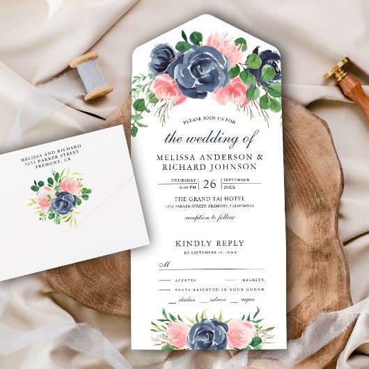 Invitation Tout En Un Blush rose et bleu marine Bouquet Mariage