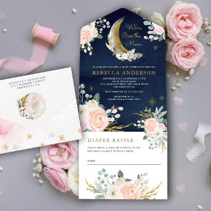 Invitation Tout En Un Blush Rose Fleur Navy Blue Or Lunaire Baby Shower