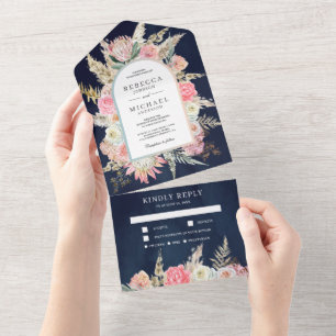 Invitation Tout En Un Blush rose Floral Boho Pampas Mariage marine en he