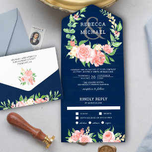 Invitation Tout En Un Blush rose Floral Rose Garland Marine Blue Mariage