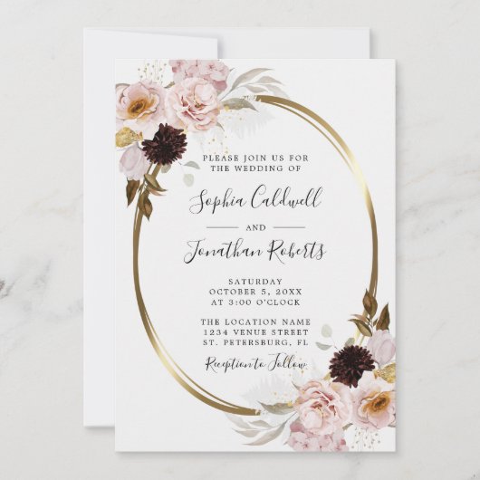 Invitation Tout en un Blush rose Roses Gold Frame Mariage (Devant)