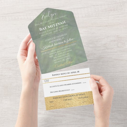Invitation Tout En Un BM Bar Bat mitzvah Greens Silvers (Déchirure)