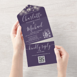 Invitation Tout En Un Bocaux Mason avec code QR violet Guirlandes lumine