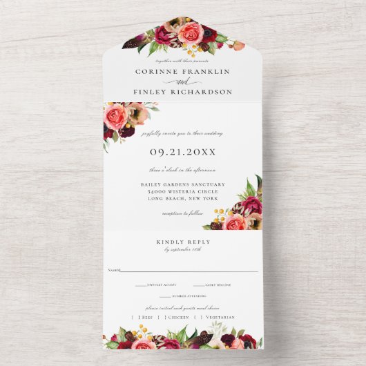 Invitation Tout En Un Bohème Blooms Mariage Tout en un (À l'intérieur)