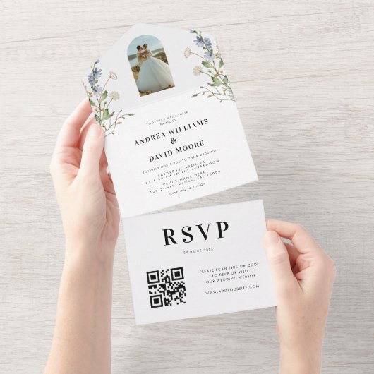 Invitation Tout En Un Boho Arch Fleurs sauvages photo et Mariage de code (Déchirure)