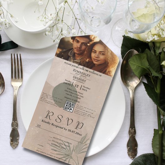 Invitation Tout En Un Boho Beige vert Abstrait forme photo QR Code