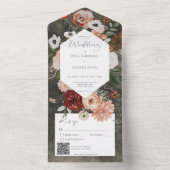 Invitation Tout En Un Boho Black Burgundy Fall Floral QR Code (À l'intérieur)