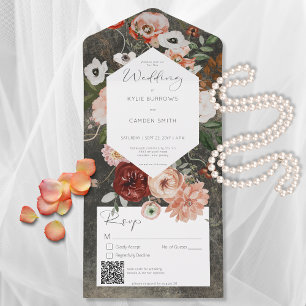 Invitation Tout En Un Boho Black Burgundy Fall Floral QR Code