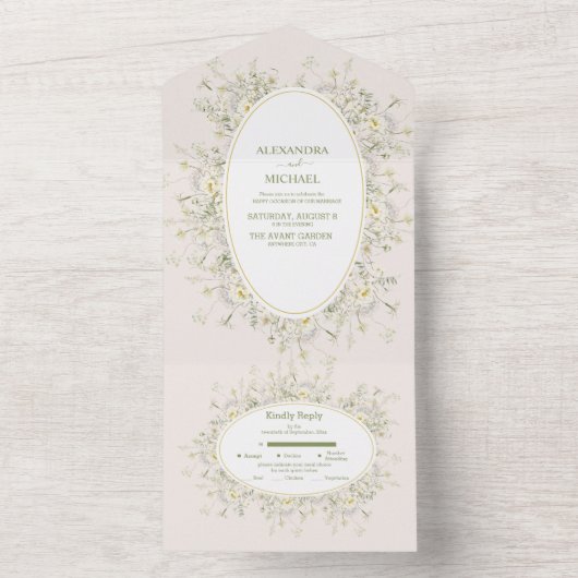 Invitation Tout En Un Boho Blanc Neutre Mariage Fleur Sauvage Aquarelle (À l'intérieur)