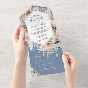 Invitation Tout En Un Boho bleu Dusty Mariage Floral avec RSVP