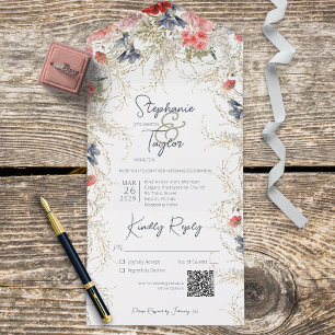 Invitation Tout En Un Boho bleu et rose Floral blanc QR Code