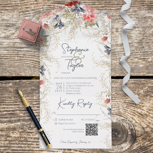 Invitation Tout En Un Boho bleu et rose Floral blanc QR Code