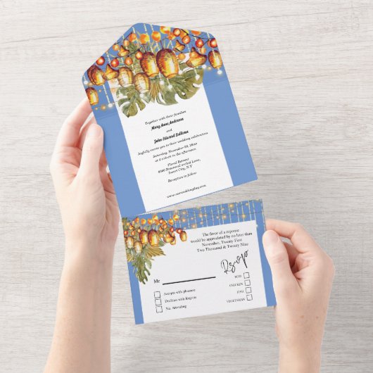 Invitation Tout En Un Boho bleu orange ciel feuille lanternes tropicales (Déchirure)