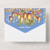 Invitation Tout En Un Boho bleu orange ciel feuille lanternes tropicales (Verso)