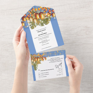 Invitation Tout En Un Boho bleu orange ciel feuille lanternes tropicales