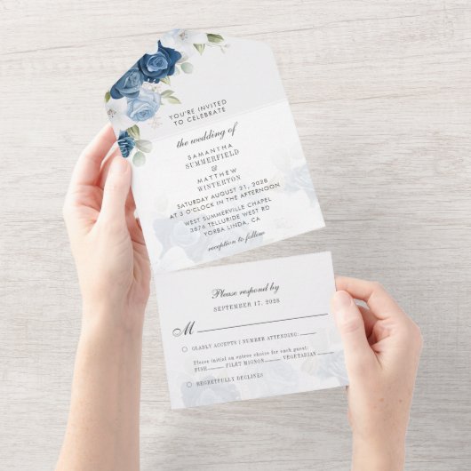Invitation Tout En Un Boho Bleu Poussiéreux Floral de Mariage Verdure (Déchirure)