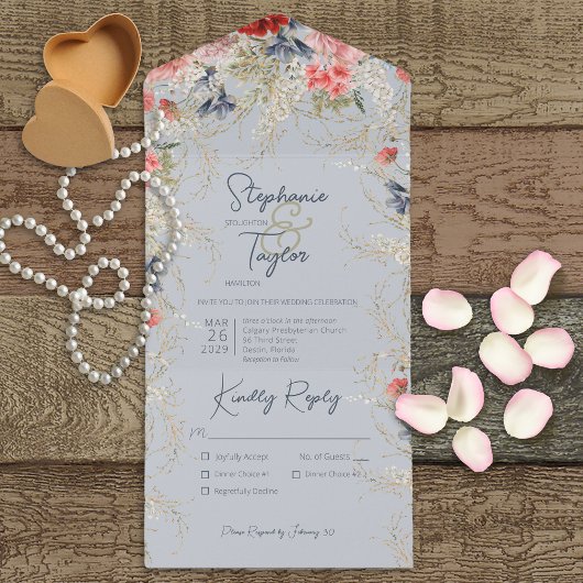 Invitation Tout En Un Boho Blue & Pink Floral Dusty Blue Dinner