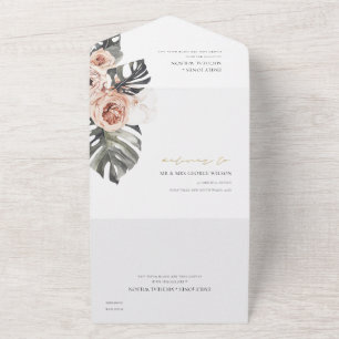 INVITATION TOUT EN UN BOHO BLUSH PEACH FLORAL MONSTRERA FEAF MARIAGE TOU