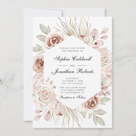 Invitation Tout en un Boho Blush Rose Roses Palm Mariage feui (Devant)