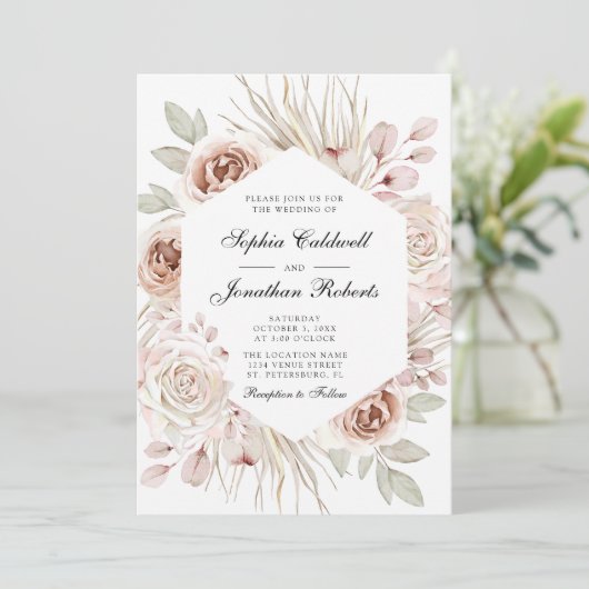 Invitation Tout en un Boho Blush Rose Roses Palm Mariage feui (Debout devant)