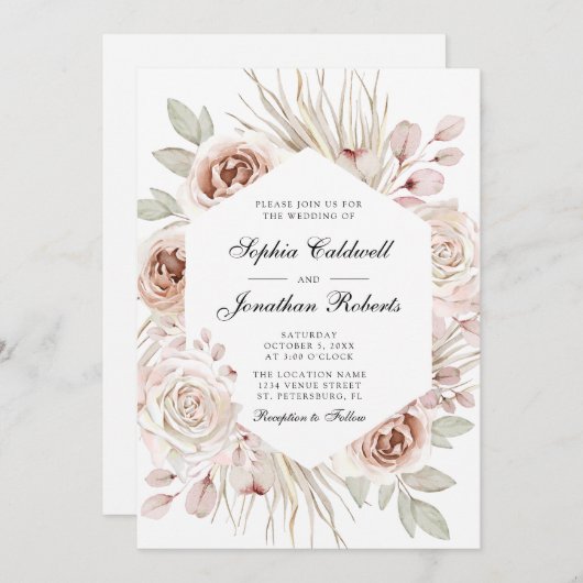Invitation Tout en un Boho Blush Rose Roses Palm Mariage feui (Devant / Derrière)